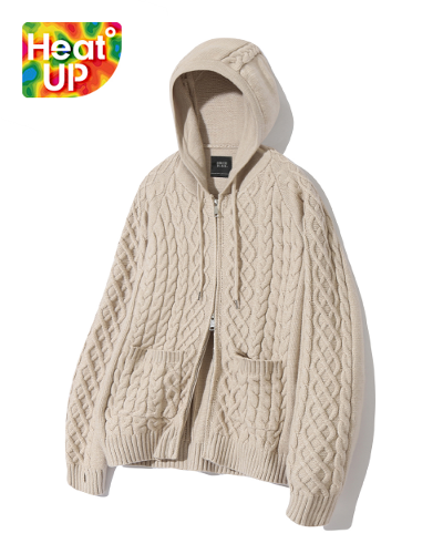 2WAY HEAVY WEIGHT CABLE KNIT HOODY ZIP-UP_OATMEAL