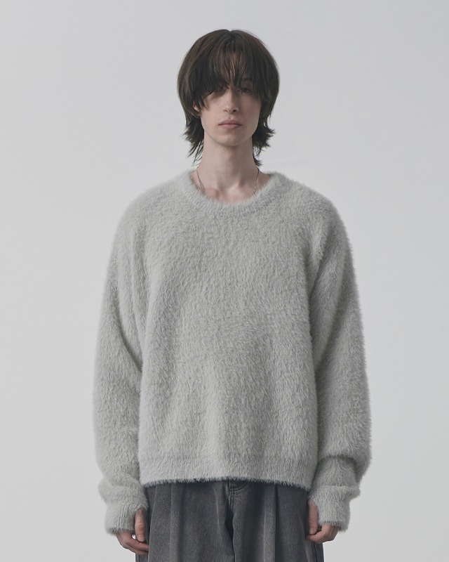 CROPPED HAIRY ROUND NECK KNIT_LIGHT GRAY